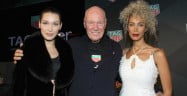 NEW YORK, NY - FEBRUARY 13: (L-R) Bella Hadid, CEO of TAG Heuer Jean-Claude Biver, and Leona Lewis pose during A Fresh New Face For TAG Heuer at Equinox Bond Street on February 13, 2017 in New York City. (Photo by Bennett Raglin/Getty Images for TAG Heuer)